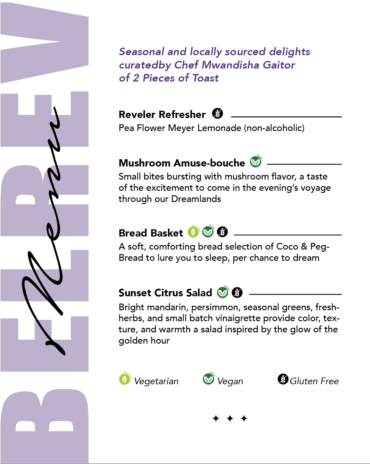 Bèl Rèv food menu, page one — welcome drink and starters