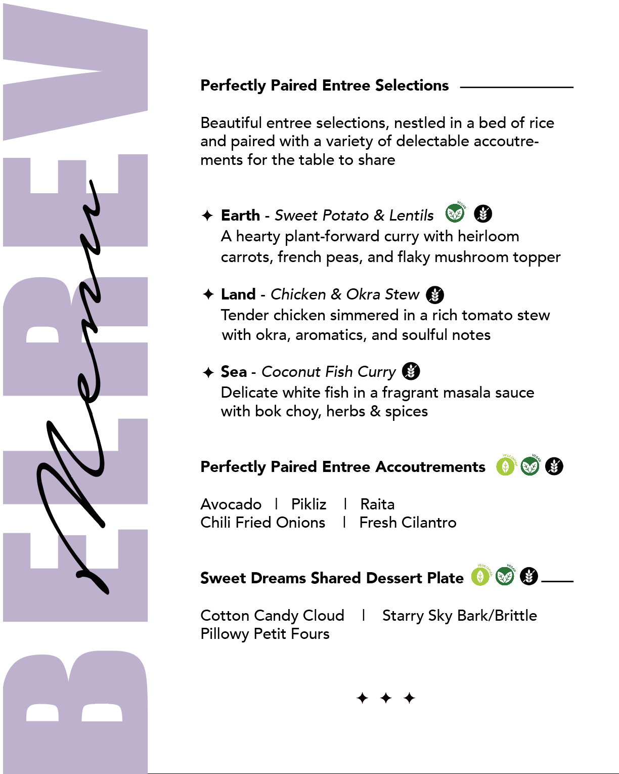 Bèl Rèv food menu, page two — entrées, accoutrements, and dessert